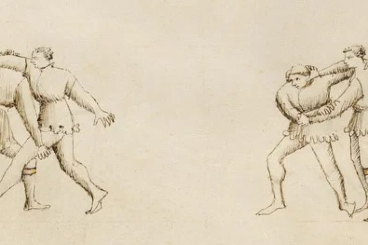 Unarmed Combat; Fiore Furlan dei Liberi da Premariacco (Italian, about 1340/1350 - before 1450); Padua (or), Italy; about 1410; Tempera colors, gold leaf, silver leaf, and ink on parchment; Leaf: 27.9 x 20.6 cm (11 x 8 1/8 in.); Ms. Ludwig XV 13, fol. 7