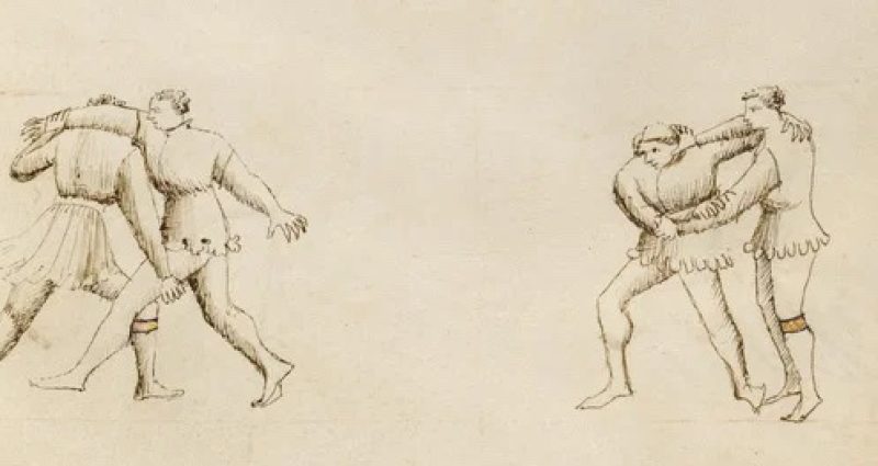 Unarmed Combat; Fiore Furlan dei Liberi da Premariacco (Italian, about 1340/1350 - before 1450); Padua (or), Italy; about 1410; Tempera colors, gold leaf, silver leaf, and ink on parchment; Leaf: 27.9 x 20.6 cm (11 x 8 1/8 in.); Ms. Ludwig XV 13, fol. 7